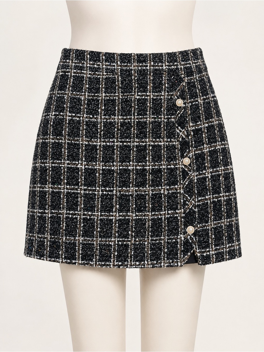 Black Plaid Tweed Pearl Button Wrap Mini Skirt XL
